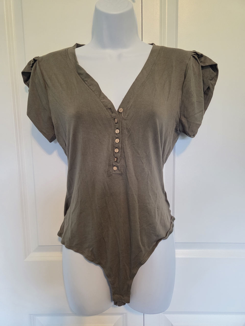 Olive V-Neck Short Sleeve Bodysuit